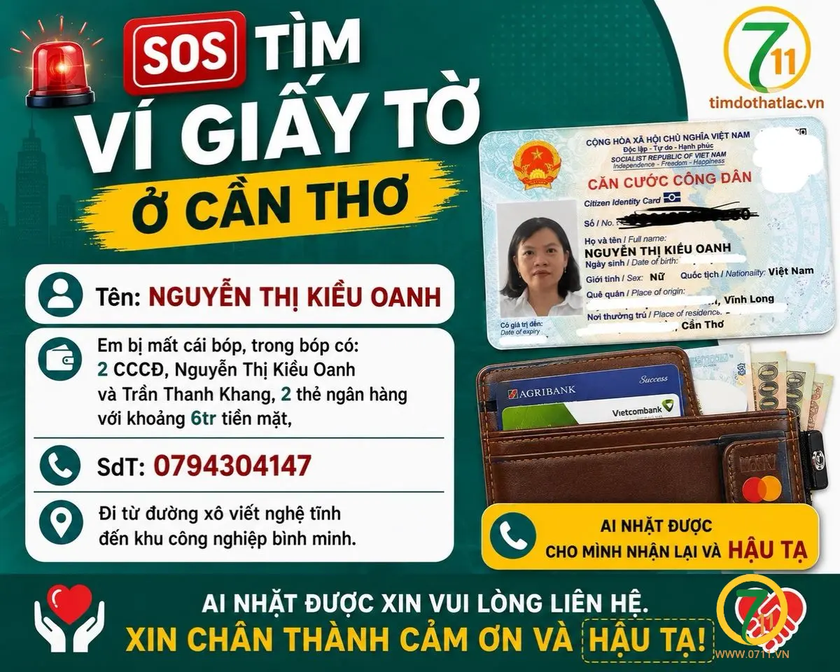 Cần Thơ: Tìm ví giấy tờ có tên Nguyễn Thị Kiều Oanh