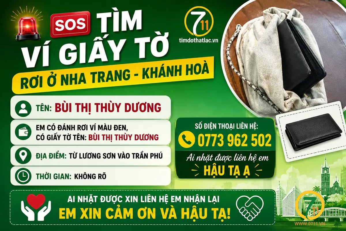 🆘 Rơi ví giấy tờ ở Nha Trang - Khánh Hoà tên Bùi Thị Thuỳ Dương