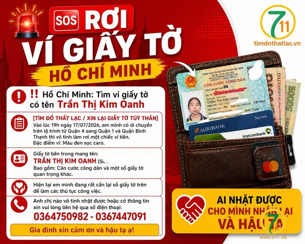 ‼️Hồ Chí Minh: Tìm ví giấy tờ có tên Trần Thị Kim Oanh