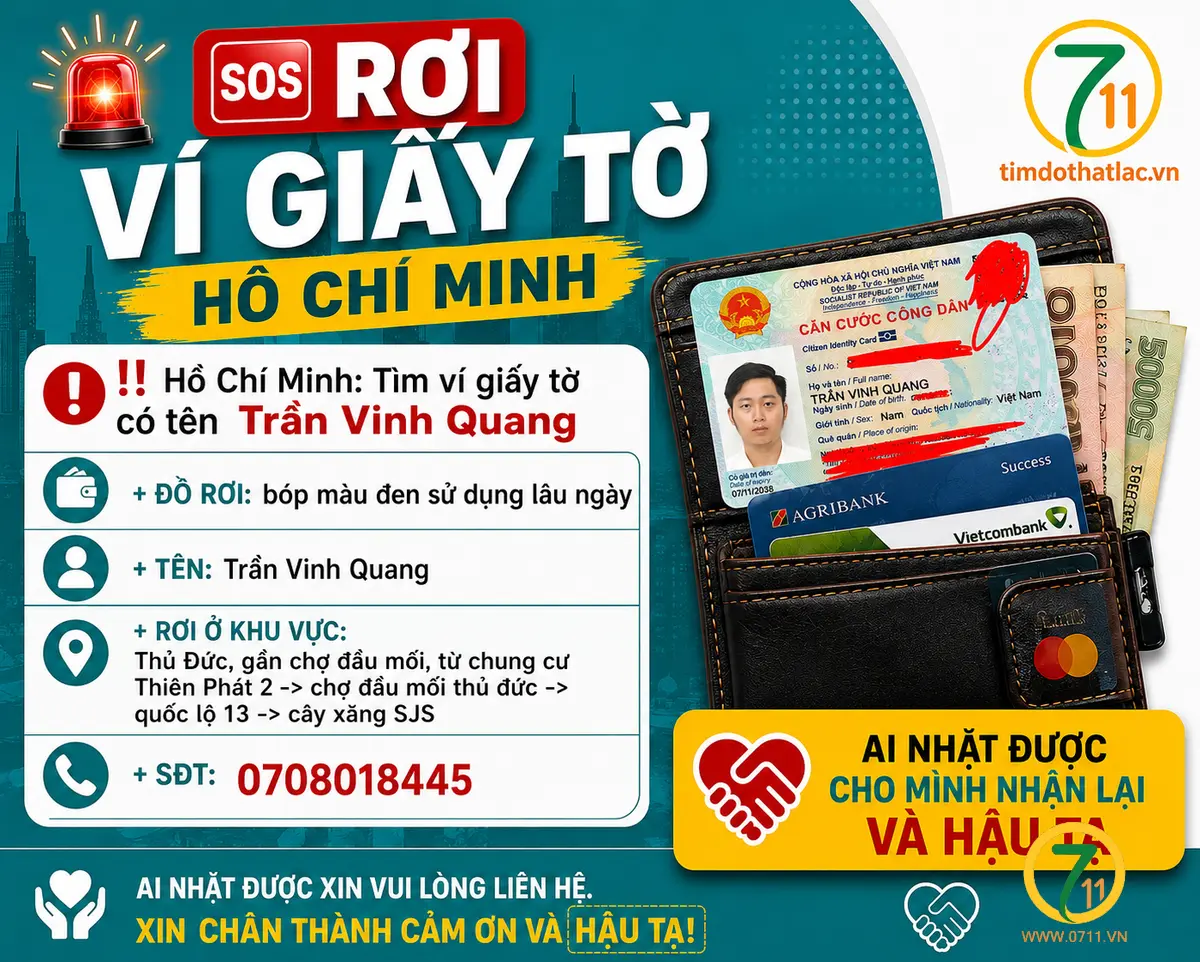 ‼️Hồ Chí Minh: Tìm ví giấy tờ có tên Trần Vinh Quang