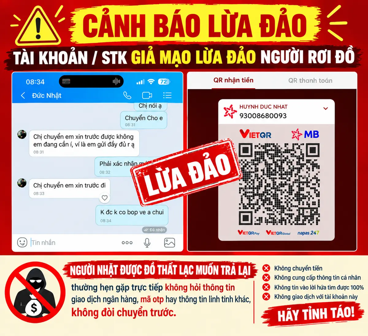 Cảnh báo stk 93008680093 - MB Bank Huynh Duc Nhat lừa đảo tiền chuộc đồ rơi