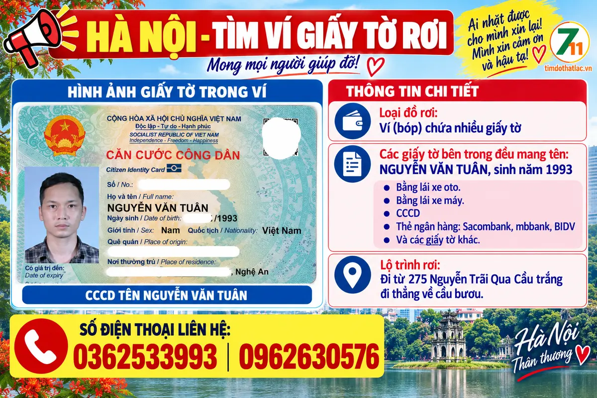 🆘 Rơi ví giấy tờ ở Hà Nội tên Nguyễn Văn Tuân 1993