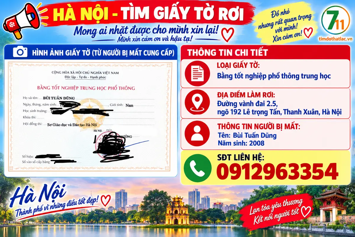 🆘 Tìm giấy tờ rơi ở Hà Nội tên Bùi Tuấn Dũng 2008