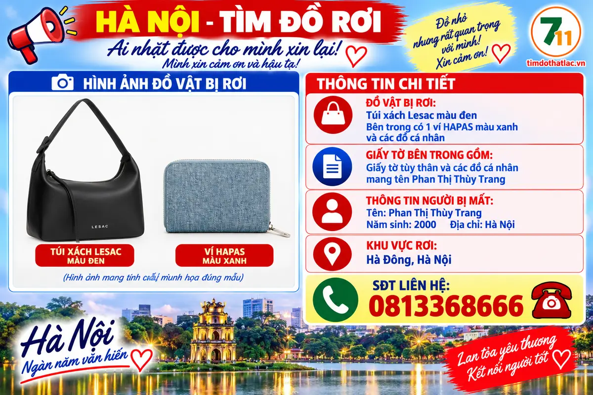 📌rơi túi xách đen Lesac tại Hà Nội tên Phan Thị Thùy Trang 2000