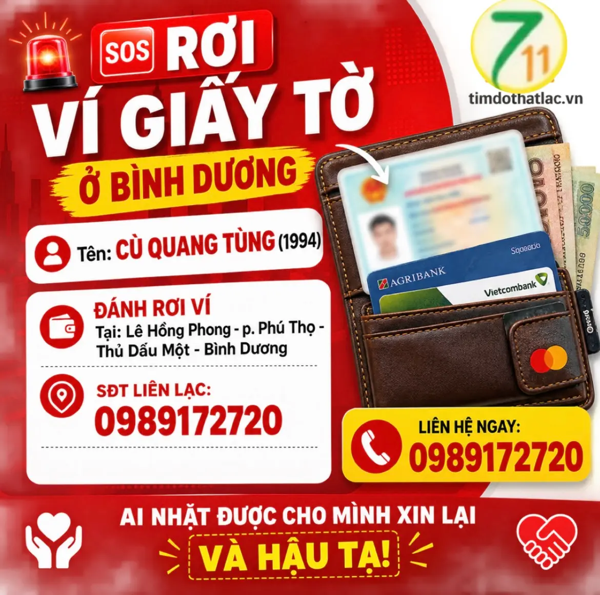 ‼️Bình Dương: Tìm ví giấy tờ có tên Cù Quang Tùng